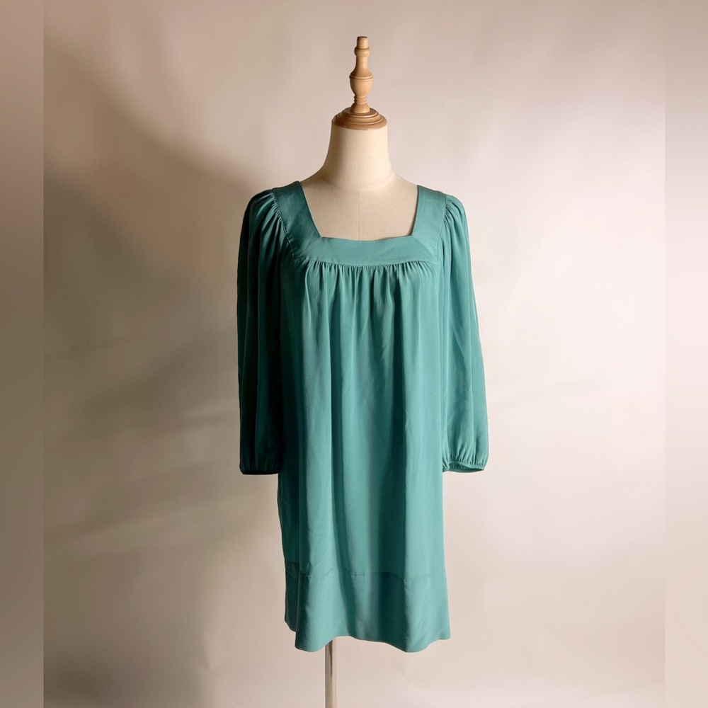 EXPRESS 2007 Turquoise 100% Silk Square Neck Blouson Sleeve Shift Dress XS